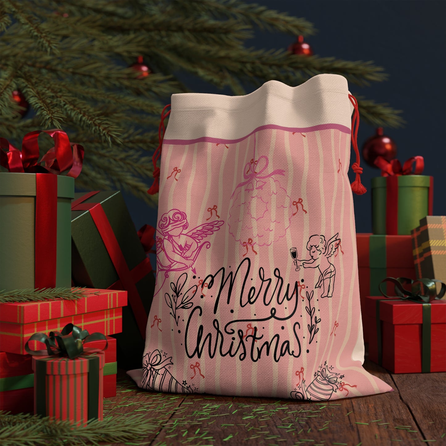 Christmas Drawstring Gift Bag — Pink Cherub 'Merry Christmas' Holiday Present Sack