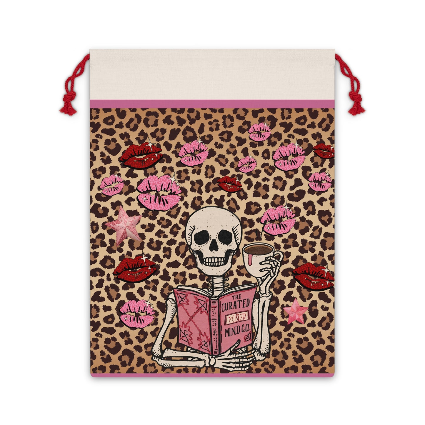 Drawstring Gift Bag — Chic leopard print Skeleton w coffee, pink gift bag