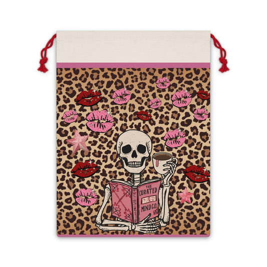 Drawstring Gift Bag — Chic leopard print Skeleton w coffee, pink gift bag