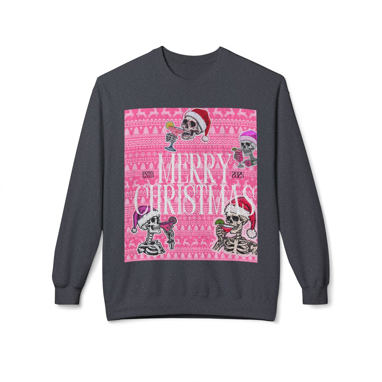 Christmas Skeleton Crewneck Sweatshirt — 'Merry Christmas' Pink Holiday Design